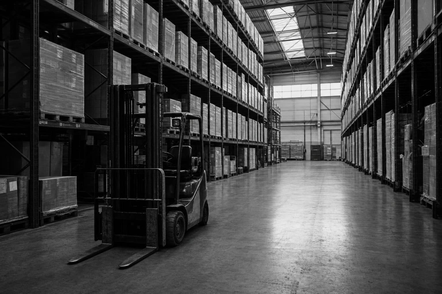 Depósito logístico con estanterías de mercadería paletizada vista en perspectiva, fotografía documental en blanco y negro.