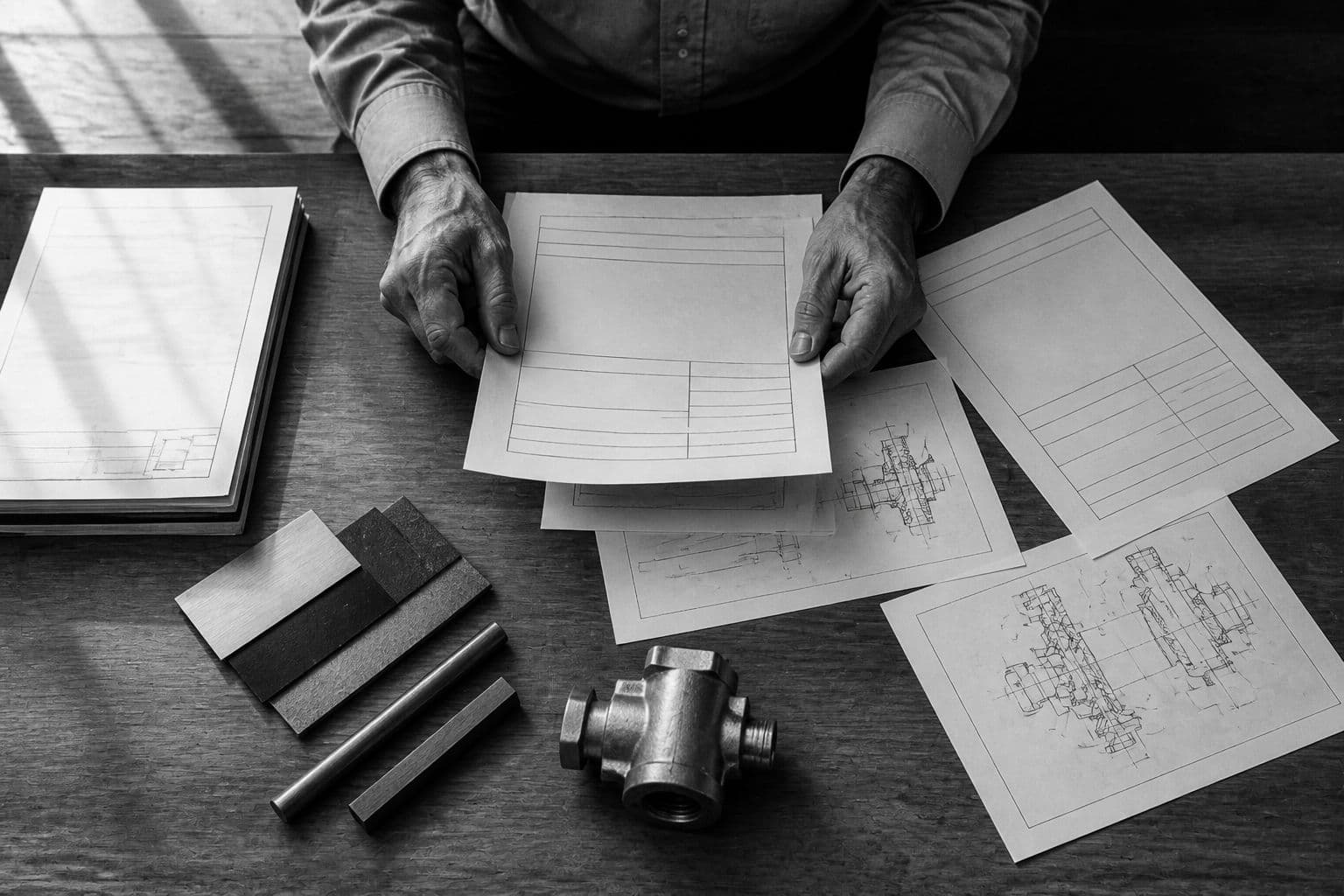 Manos de un profesional comparando documentación técnica, una pieza industrial y materiales de distintos orígenes, fotografía documental en blanco y negro.