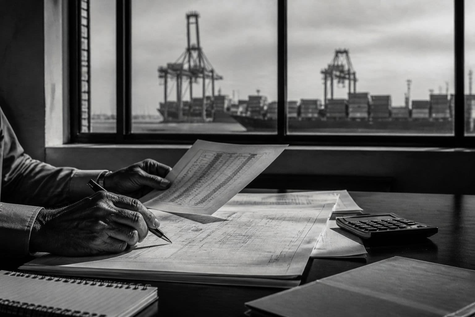 Manos de un despachante revisando planos y documentación antes del embarque, con una terminal portuaria al fondo, fotografía documental en blanco y negro.