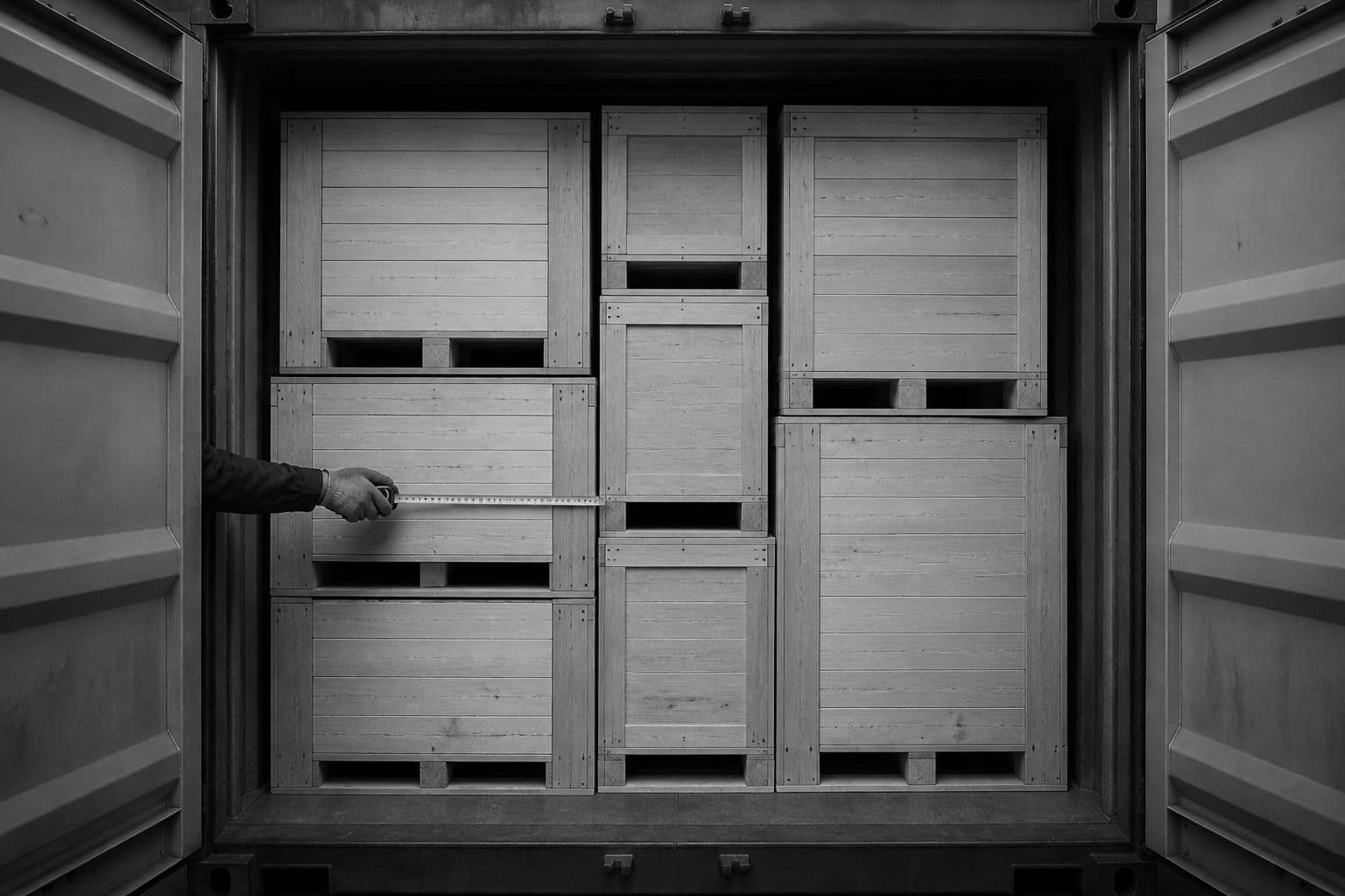 Cajones de madera ajustados dentro de un contenedor mientras se controla su medida, fotografía documental en blanco y negro.