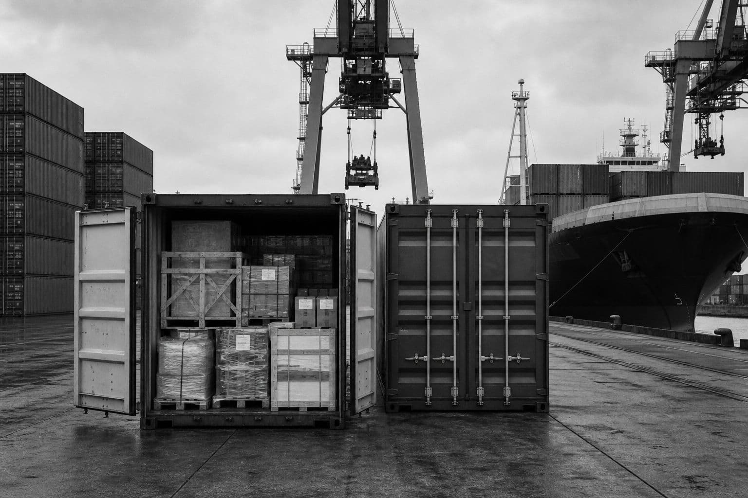 Un contenedor abierto con carga consolidada junto a otro contenedor completo en una terminal portuaria, fotografía documental en blanco y negro.