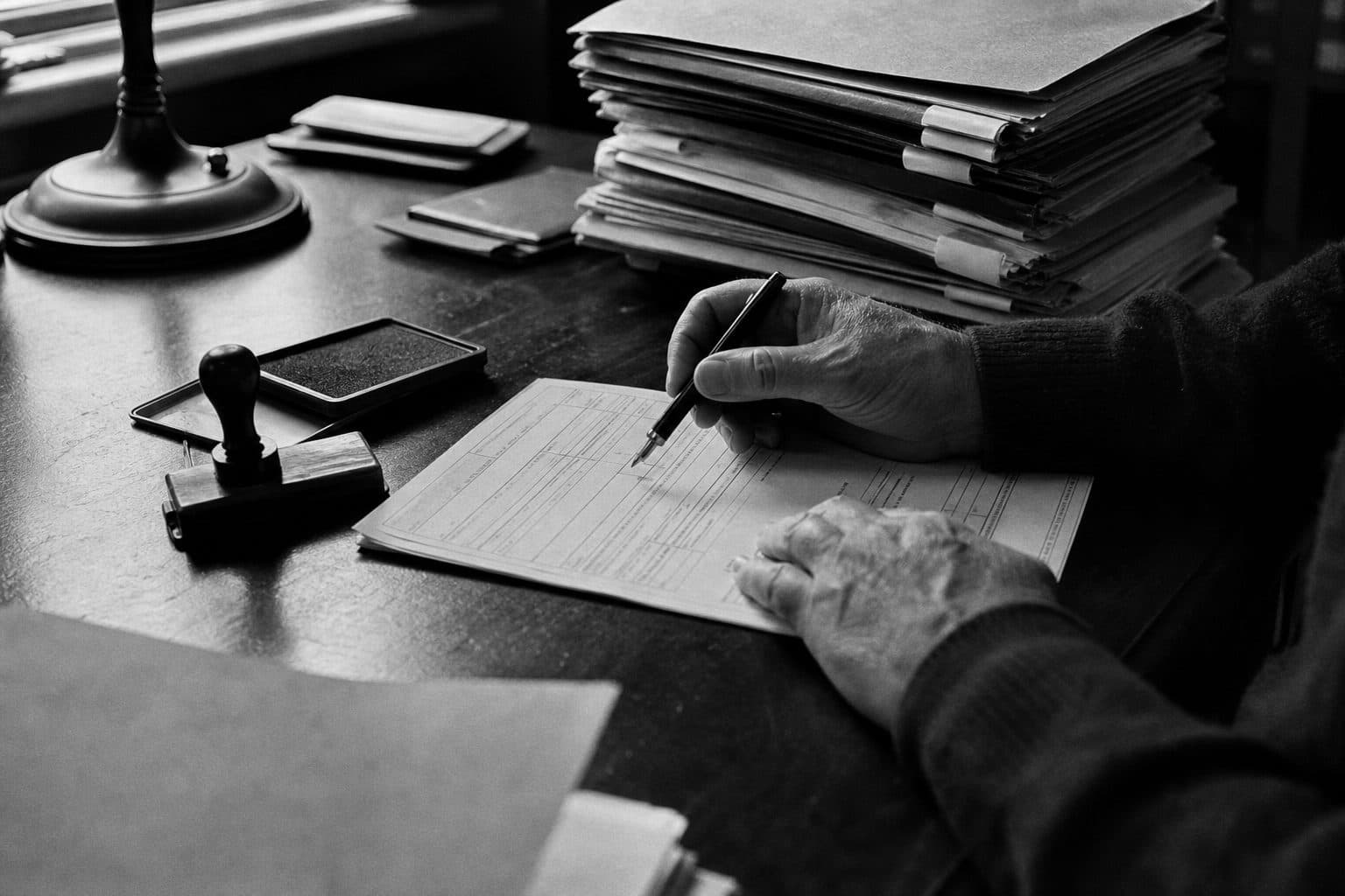 Escritorio de un despachante de aduana con una declaración impresa, un sello y una lapicera, fotografía documental en blanco y negro.