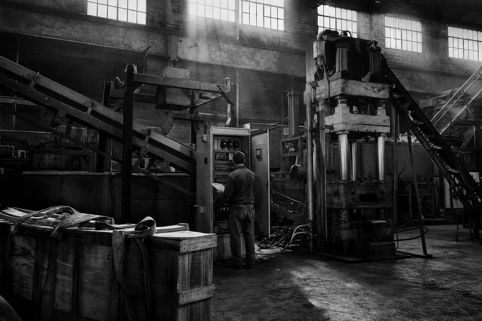 Interior de una planta industrial con una línea de máquinas usadas recién instaladas y un técnico revisando el tablero, fotografía documental en blanco y negro.